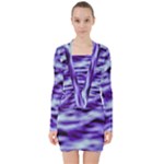 Purple  Waves Abstract Series No3 V-neck Bodycon Long Sleeve Dress