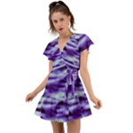 Purple  Waves Abstract Series No3 Flutter Sleeve Wrap Dress