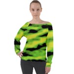 Green  Waves Abstract Series No12 Off Shoulder Long Sleeve Velour Top