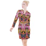 Digital Illusion Button Long Sleeve Dress