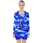 Blue Waves Abstract Series No11 V-neck Bodycon Long Sleeve Dress