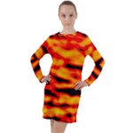 Red  Waves Abstract Series No14 Long Sleeve Hoodie Dress