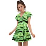Green  Waves Abstract Series No13 Flutter Sleeve Wrap Dress