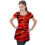 Red  Waves Abstract Series No16 Puff Sleeve Tunic Top