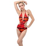 Red  Waves Abstract Series No16 Plunging Cut Out Swimsuit