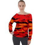 Red  Waves Abstract Series No16 Off Shoulder Long Sleeve Velour Top