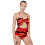 Red  Waves Abstract Series No16 Scallop Top Cut Out Swimsuit