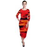 Red  Waves Abstract Series No16 Quarter Sleeve Midi Velour Bodycon Dress