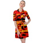 Red  Waves Abstract Series No17 Belted Shirt Dress