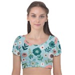 Flower Velvet Short Sleeve Crop Top 