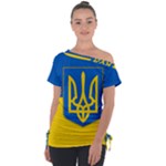Flag of Ukraine with Coat of Arms Off Shoulder Tie-Up Tee