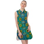 Yellow And Blue Proud Blooming Flowers Sleeveless Shirt Dress