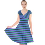 Horizontals (green, blue and violet) Cap Sleeve Front Wrap Midi Dress