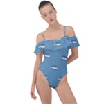 Cartoon Sketchy Helicopter Drawing Motif Pattern Frill Detail One Piece Swimsuit