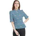 Cartoon Sketchy Helicopter Drawing Motif Pattern Frill Neck Blouse