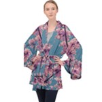 Colorful Floral Leaves Photo Long Sleeve Velvet Kimono 