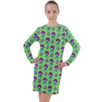 Funky Mushroom Green  Bg Long Sleeve Hoodie Dress