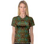 Artworks Pattern Leather Lady In Gold And Flowers V-Neck Sport Mesh Tee