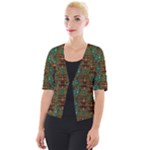 Artworks Pattern Leather Lady In Gold And Flowers Cropped Button Cardigan