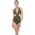Artworks Pattern Leather Lady In Gold And Flowers Halter Front Plunge Swimsuit