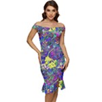 Vibrant Abstract Floral Doodle Off Shoulder Ruffle Split Hem Bodycon Dress