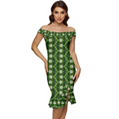Off Shoulder Ruffle Split Hem Bodycon Dress 