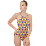 Wavey shapes pattern                                                             High Neck One Piece Swimsuit