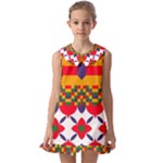 Red flowers and colorful squares                                                         Kids  Pilgrim Collar Ruffle Hem Dress