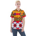 Red flowers and colorful squares                                                                Women s Short Sleeve Pocket Shirt