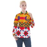 Red flowers and colorful squares                                                                 Women s Long Sleeve Pocket Shirt