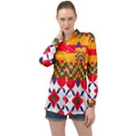 Red flowers and colorful squares                                                                 Long Sleeve Satin Shirt