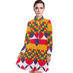 Red flowers and colorful squares                                                              Long Sleeve Chiffon Shirt Dress