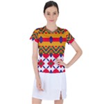 Red flowers and colorful squares                                                                Women s Mesh Sports Top