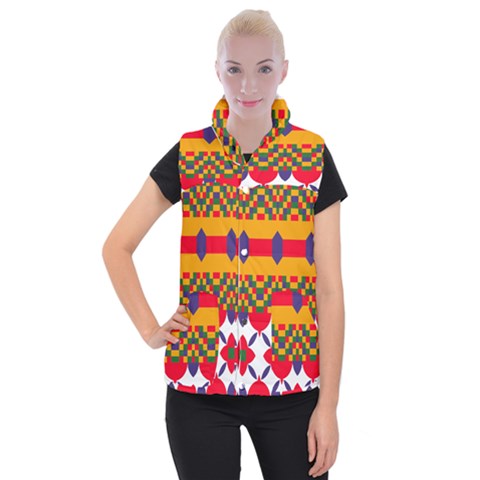 Red flowers and colorful squares                                                               Women s Button Up Puffer Vest from ArtsNow.com
