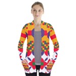 Red flowers and colorful squares                                                                 Women s Open Front Pockets Cardigan