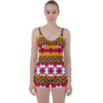 Red flowers and colorful squares                                                                 Tie Front Two Piece Tankini