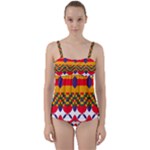 Red flowers and colorful squares                                                                 Twist Front Tankini Set