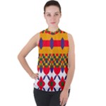 Red flowers and colorful squares                                                                Mock Neck Chiffon Sleeveless Top