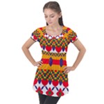 Red flowers and colorful squares                                                                 Puff Sleeve Tunic Top