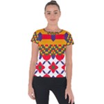 Red flowers and colorful squares                                                                 Short Sleeve Sports Top