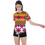 Red flowers and colorful squares                                                                   Asymmetrical Short Sleeve Sports Tee