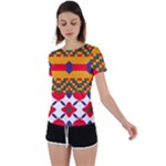 Red flowers and colorful squares                                                                  Back Circle Cutout Sports Tee