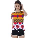 Red flowers and colorful squares         Short Sleeve Foldover Tee