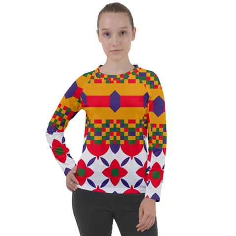 Red flowers and colorful squares        Women s Long Sleeve Raglan Tee from ArtsNow.com