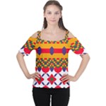 Red flowers and colorful squares                                                                  Women s Cutout Shoulder Tee