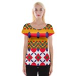 Red flowers and colorful squares                                                                  Women s Cap Sleeve Top