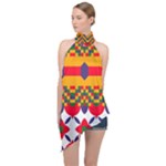 Red flowers and colorful squares                                                                   Halter Asymmetric Satin Top