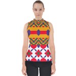 Red flowers and colorful squares                                                                  Mock Neck Shell Top