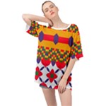 Red flowers and colorful squares                                                                Oversized Chiffon Top