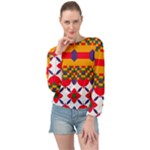 Red flowers and colorful squares                                                                 Banded Bottom Chiffon Top